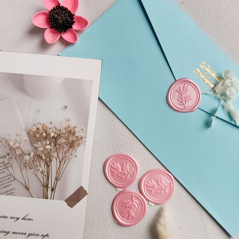 Pilloze 50Pcs Pink Self-Adhesive Wax Seal Stickers - Olive Branch Envelope Seal Stickers Perfect for Wedding Invitation, Envelopes, Wedding Invitation Accessories, Christmas Cards, Gift Wrapping - Image 4